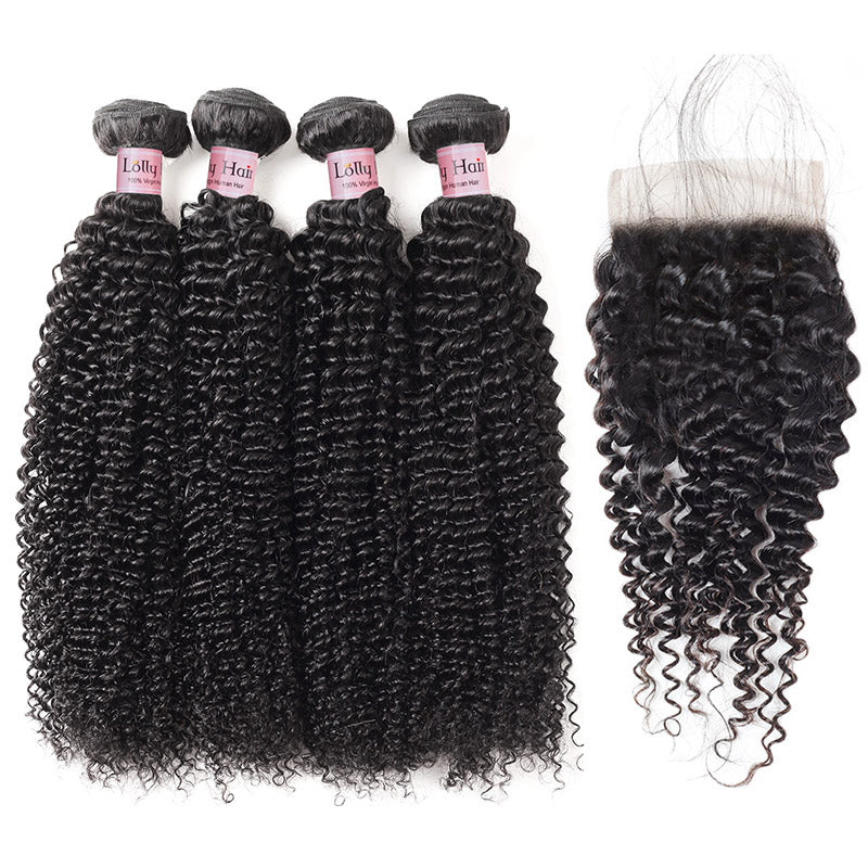 Lolly Hair 9A Sew-in Hair Extensions Peruvian Kinky Curly Hair 4 Bundles with Lace Closure 100% Real Virgin Hair Bundles Swiss Lace Closure With Baby Hair Best Online Virgin Hair : LOLLYHAIR