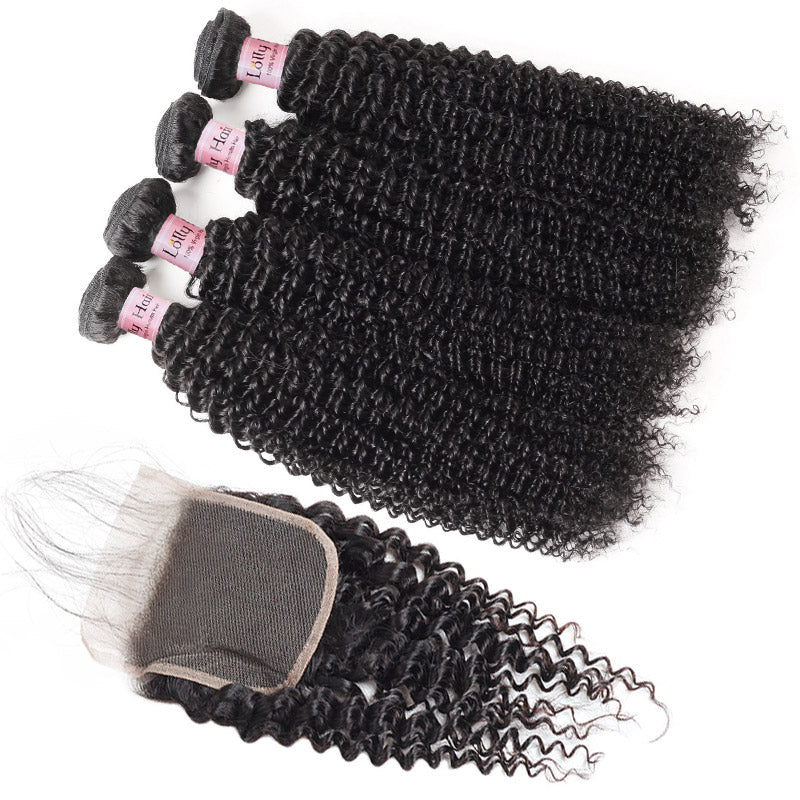 Lolly Hair 9A Sew-in Hair Extensions Peruvian Kinky Curly Hair 4 Bundles with Lace Closure 100% Real Virgin Hair Bundles Swiss Lace Closure With Baby Hair Best Online Virgin Hair : LOLLYHAIR