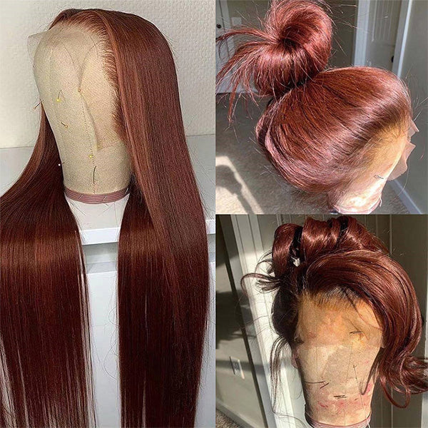 Reddish Brown 13x4 Glueless HD Lace Front Wigs Straight #33 Auburn Brown Human Hair Wigs