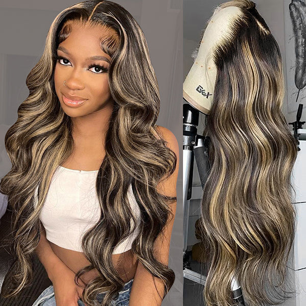 Lolly Balayage Honey Blonde Highlight Body Wave 13x6 Glueless HD Lace Front Wigs 1B/27 Colored Human Hair Wigs