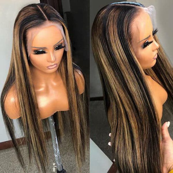Lolly Balayage Honey Blonde Highlight Body Wave 13x6 Glueless HD Lace Front Wigs 1B/27 Colored Human Hair Wigs