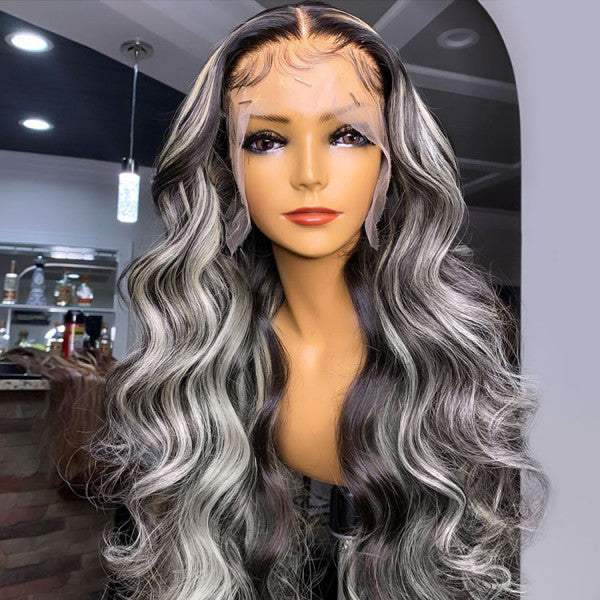 Black Hair with Grey Highlights Wig 180 Density Body Wave Human Hair Closure Wigs