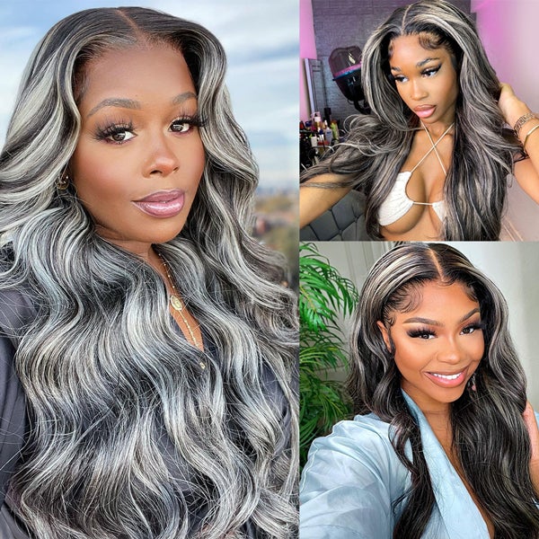 Black Hair with Grey Highlights Wig 180 Density Body Wave Human Hair C ...