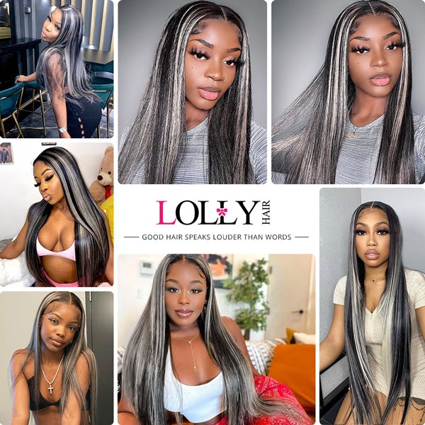 Black Hair with Grey Highlights Wig 30 inch Transparent Straight Lace Closure Wigs