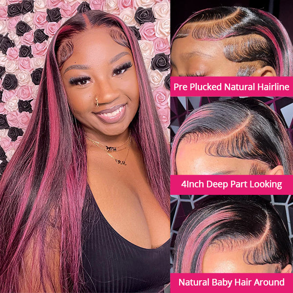 Black With Purple Red Highlights Wig 13x4 HD Transparent Lace Front Wigs Straight/Body Wave Human Hair Wigs