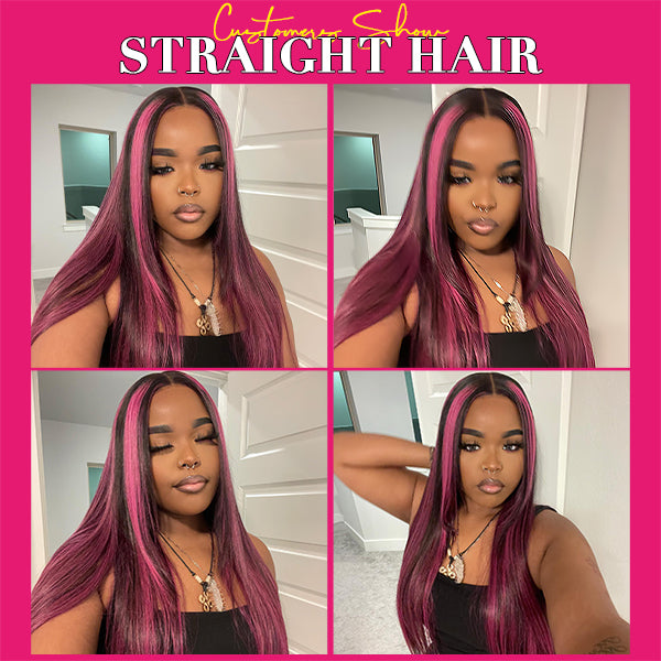 Black With Purple Red Highlights Wig 13x4 HD Transparent Lace Front Wigs Straight/Body Wave Human Hair Wigs