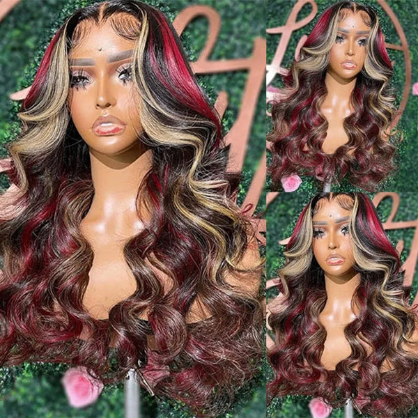 Black With Red & Blonde Highlights Human Hair Wigs Body Wave 13x4 Lace Front Wig