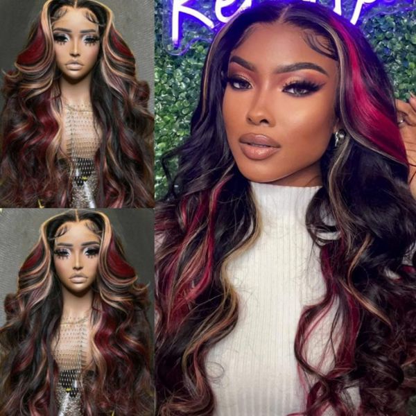 Lolly Black With Red & Blonde Highlights Glueless Colored Human Hair Wigs Pre Plucked 13x4 HD Transparent Lace Wig