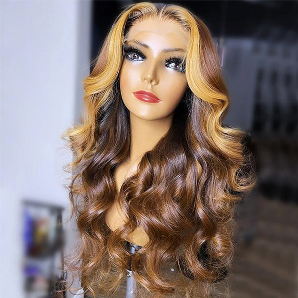 Blonde Skunk Stripe Hair 13x4 Body Wave Lace Front Wig Brown Hair with Blonde Highlights