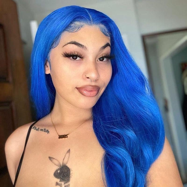 Blue Straight Lace Front Wig Glueless Hd Human Hair Wigs