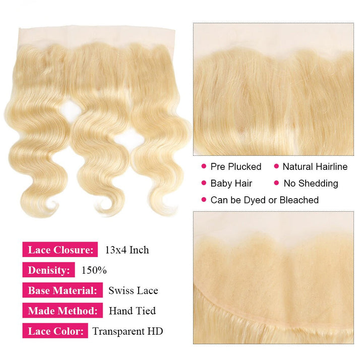 Body Wave Human Hair Bundles with 613 Frontal Ombre Bundles with 13x4 Blonde Transparent Frontal Remy Hair Extensions