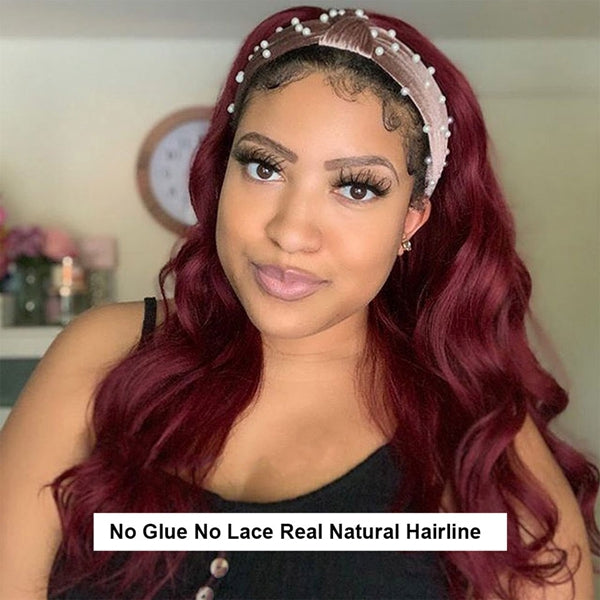 Body Wave Burgundy Adjustable Headband Wig Glueless 99J Colored Human Hair Wigs - LollyHair