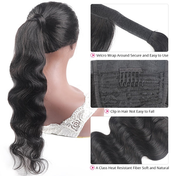 Body Wave Ponytail Human Hair Long Wavy Wrap Around Clip In Ponytail Hair Extensions - LollyHair