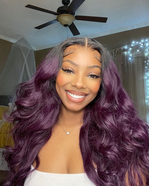 Body Wave Smokey Deep Purple Ombre Colored Wigs 13x4 Lace Frontal Human Hair Wigs For Black Women
