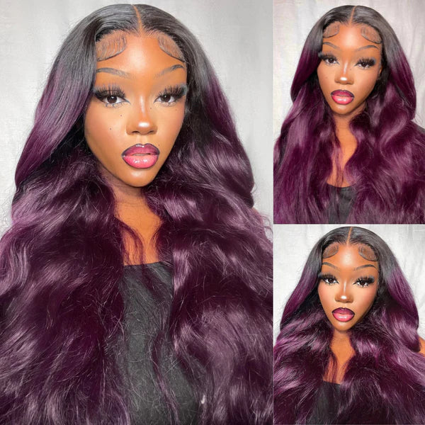 Body Wave Smokey Deep Purple Ombre Colored Wigs 13x4 Lace Frontal Human Hair Wigs For Black Women