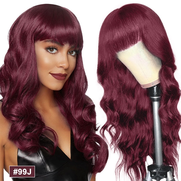 Body Wave Wig With Bangs 99J Colored Wigs With Bangs Machine Made Ginger Brazilian Hair Human Hair Wigs