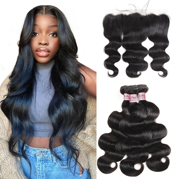 Brazilian Body Wave Human Hair Bundles with HD Lace Frontal 3 Bundles with Frontal