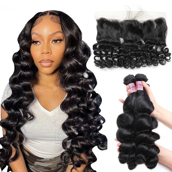 Brazilian Loose Wave Bundles with HD Lace Frontal Human Hair 3 Bundles with Closure