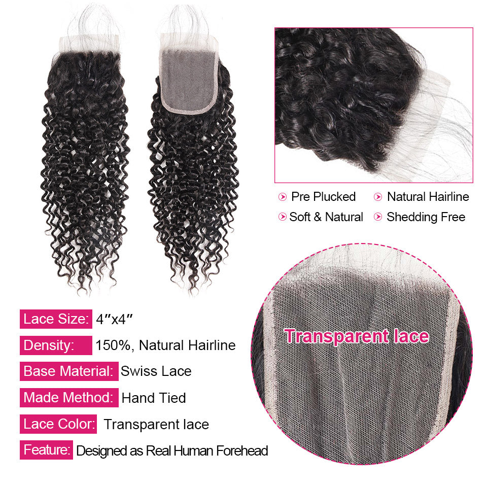 Brazilian Curly Human Hair Bundles with Closure 4x4 5x5 Transparent Lace Closure and Bundles