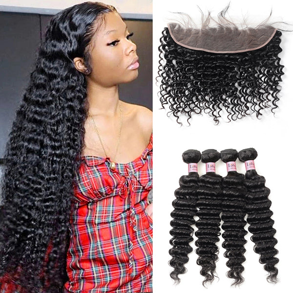 Deep Wave Bundles with Frontal Brazilian Hair 4 Bundles with Lace Frontal Closure