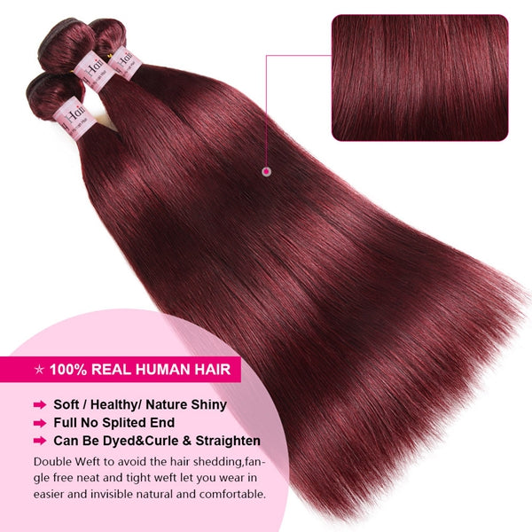Burgundy 99J Human Hair Bundles with Frontal Straight Hair 3 Bundles with 13x4 Lace Frontal