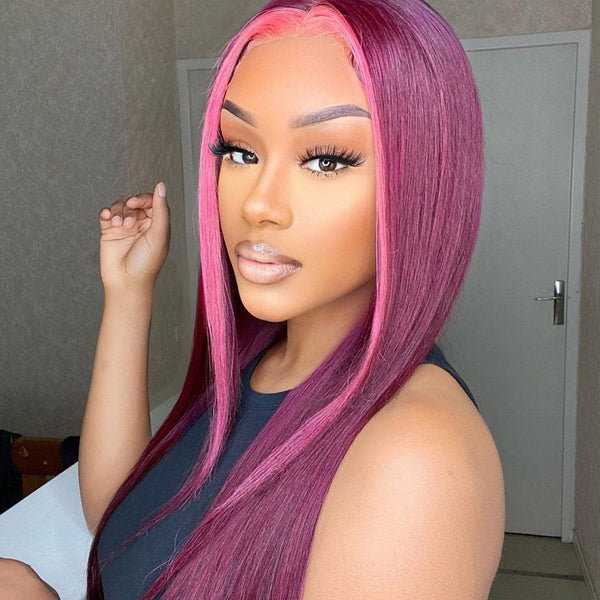 Burgundy Pink Lace Front Wig Highlight Straight Human Hair Wigs