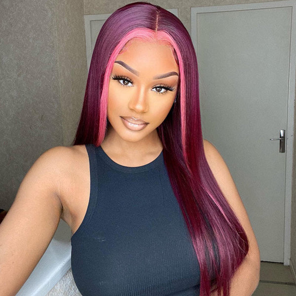 Burgundy Pink Lace Front Wig Highlight Straight Human Hair Wigs