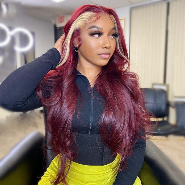 HD Transparent Burgundy 99J Red Wig With 613 Blonde Skunk Stripe Human Hair Wigs 13x4 Body Wave Lace Front Wig Colored Wigs