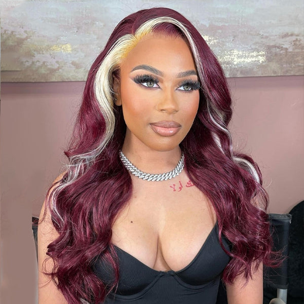 HD Transparent Burgundy 99J Red Wig With 613 Blonde Skunk Stripe Human Hair Wigs 13x4 Body Wave Lace Front Wig Colored Wigs