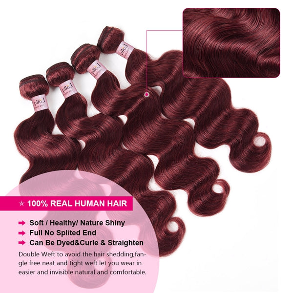 Burgundy Body Wave Hair Bundles Colored Human Hair 3 Bundles Weft