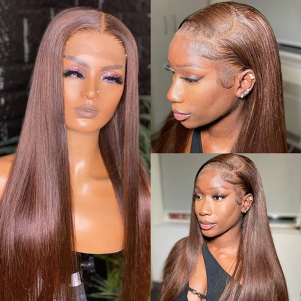 Chocolate Brown Straight Lace Front Human Hair Wig Styles 2023 #4 Glueless HD Transparent Lace Frontal Wigs