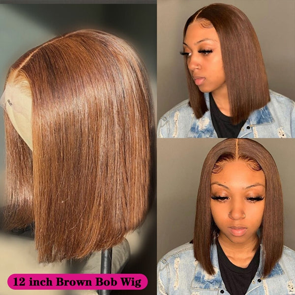Chocolate Brown Short Bob Lace Front Human Hair Wigs Straight Bob Wigs