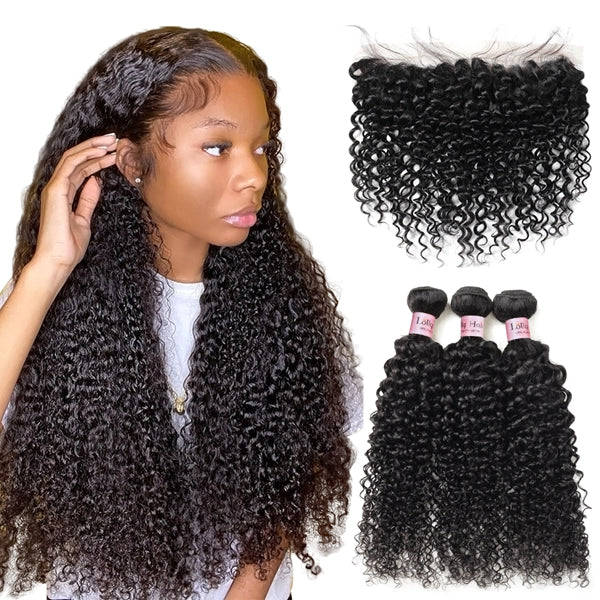 Brazilian Curly Human Hair Bundles with Frontal 13x4 HD Transparent Lace Frontal with Bundles