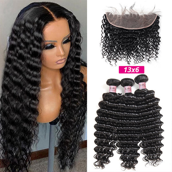 Deep Wave Bundles with Frontal 13x6 Hd Transparent Lace Frontal with Human Hair Bundles