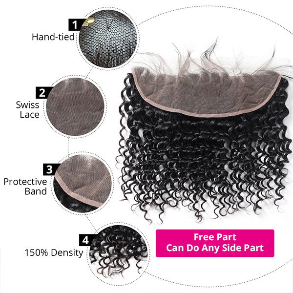 Deep Wave Bundles with Frontal 13x6 Hd Transparent Lace Frontal with Human Hair Bundles