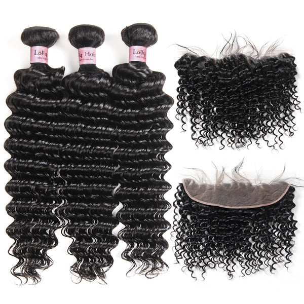 Deep Wave 3 Bundles with Frontal Human Hair Bundles with 13x4 Hd Lace Frontal Closure