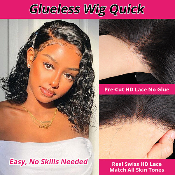 Deep Wave Guleless Wig Short Bob Wig 4x4 Pre-cut Lace Closure Wig