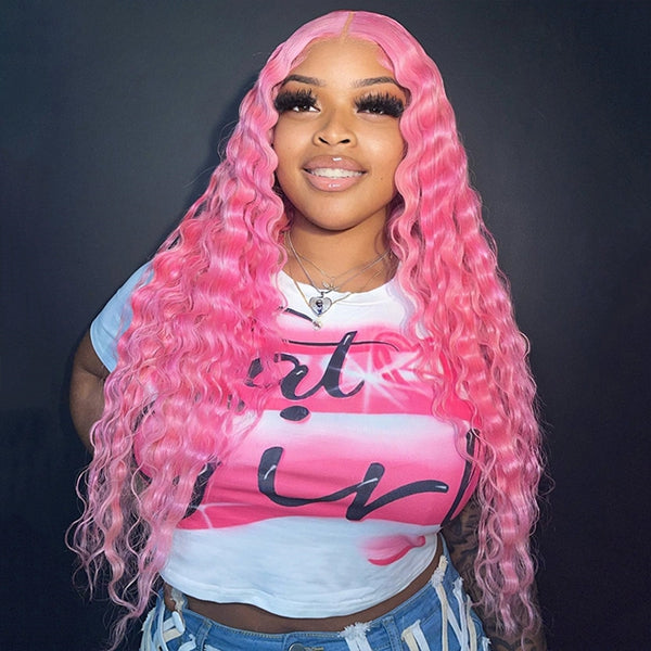 Deep Wave Pink Lace Frontal Human Hair Wigs HD Transparent Lace Frontal Wigs For Women