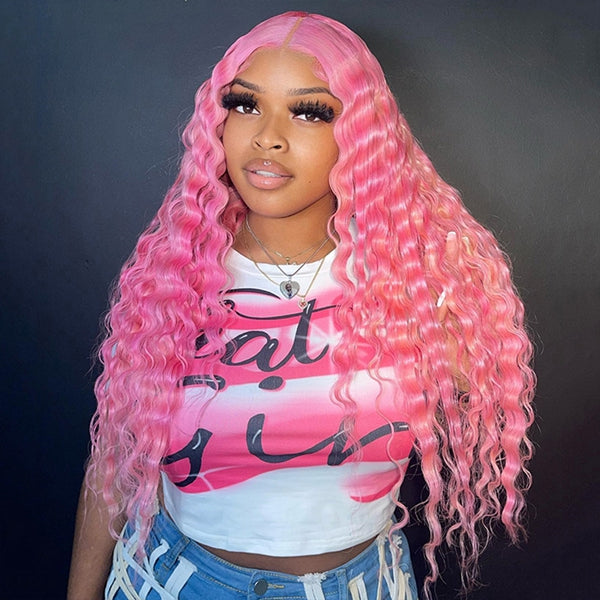 Deep Wave Pink Lace Frontal Human Hair Wigs HD Transparent Lace Frontal Wigs For Women