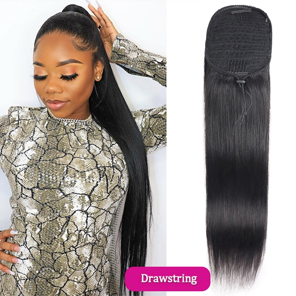 Straight Human Hair Long Wrap Around Ponytail Hair Extensions with Clip 30inch Drawstring Ponytails