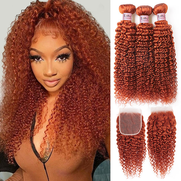 Ginger Orange Bundles With Closure Colored Kinky Curly Bundles with 4x4 Lace Closure
