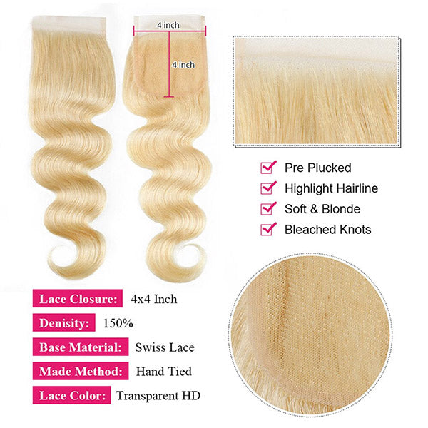Ginger Blonde Bundles with Closure Body Wave Colored Human Hair 3 Bundles with 613 Lace Closure
