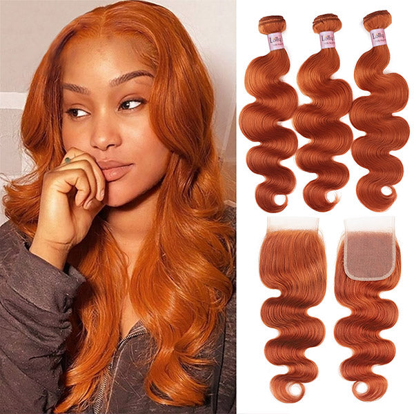 Ginger Orange Human Hair Bundles with Closure Body Wave HD Transparnet Lace Closure and 3 Bundles Sew In