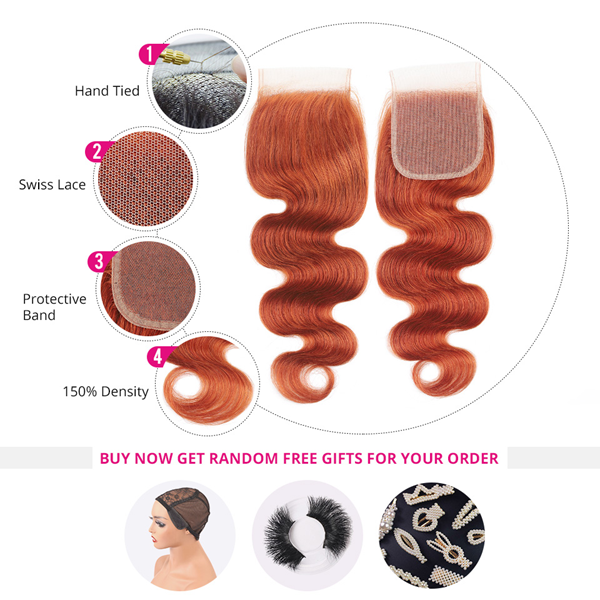 Ginger Orange Human Hair Bundles with Closure Body Wave HD Transparnet Lace Closure and 3 Bundles Sew In