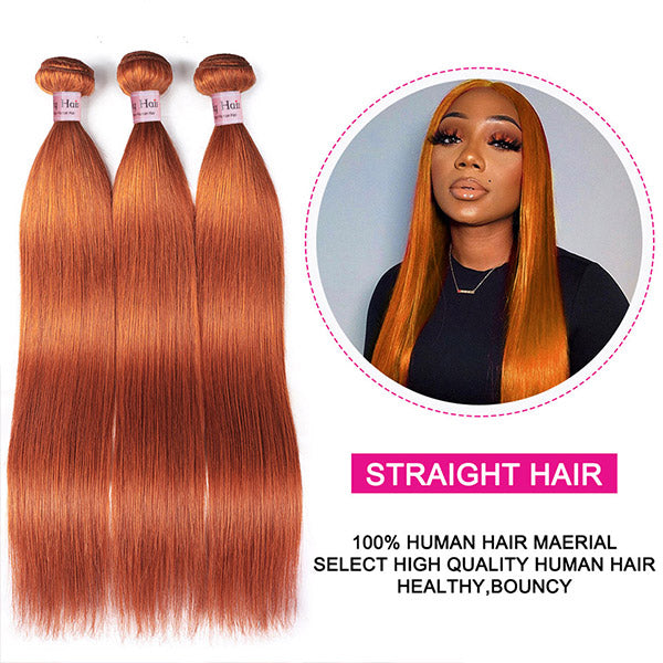 Ginger Orange Bundles with Closure Straight Colored Human Hair 3 Bundles with Closure