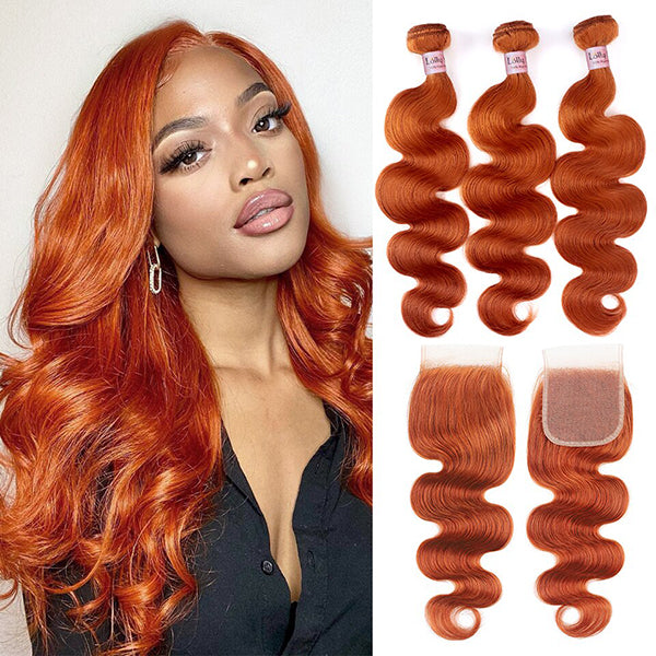 Ginger Orange Hair Bundles with Closure 5x5 Body Wave Human Hair Bundles with Closure