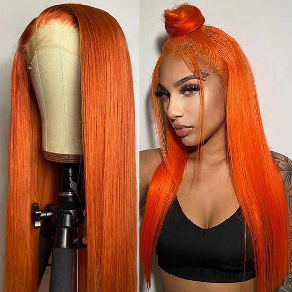 Glueless Ginger Orange Lace Front Wig Ginger Straight Human Hair Wigs 250% Density Colored Wigs