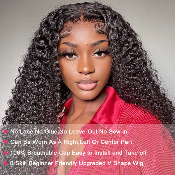 Glueless Deep Wave V Part Wig Human Hair Beginner Friendly Natural Scalp Curly Human Hair No Leave Out