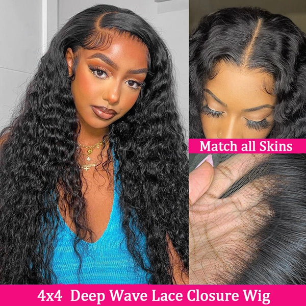 Glueless Deep Wave Closure Wig 4x4 HD Lace Closure Human Hair Wigs Deep Curly Wig 30 Inch 250 Density