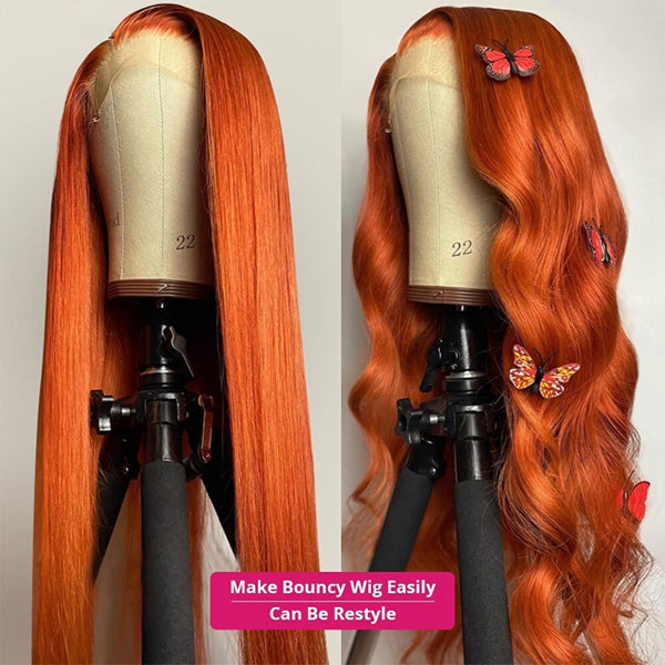 Glueless Ginger Orange Lace Front Wig Ginger Straight Human Hair Wigs 250% Density Colored Wigs